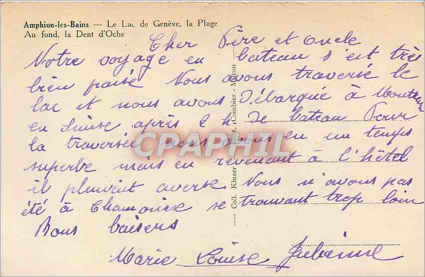 CPA Amphion les Bains Le Lac de Geneve La Plage  — Verso