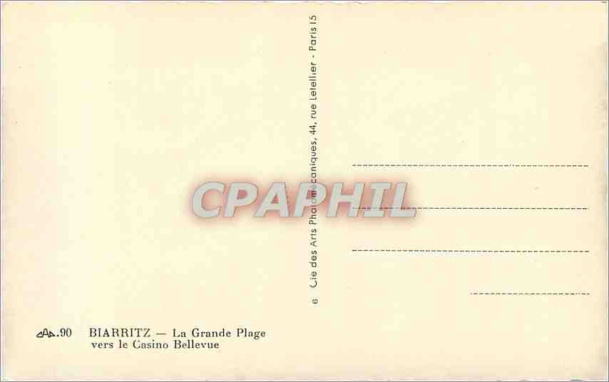 CPA Biarritz La Grande Plage vers le Casino Bellevue  — Verso