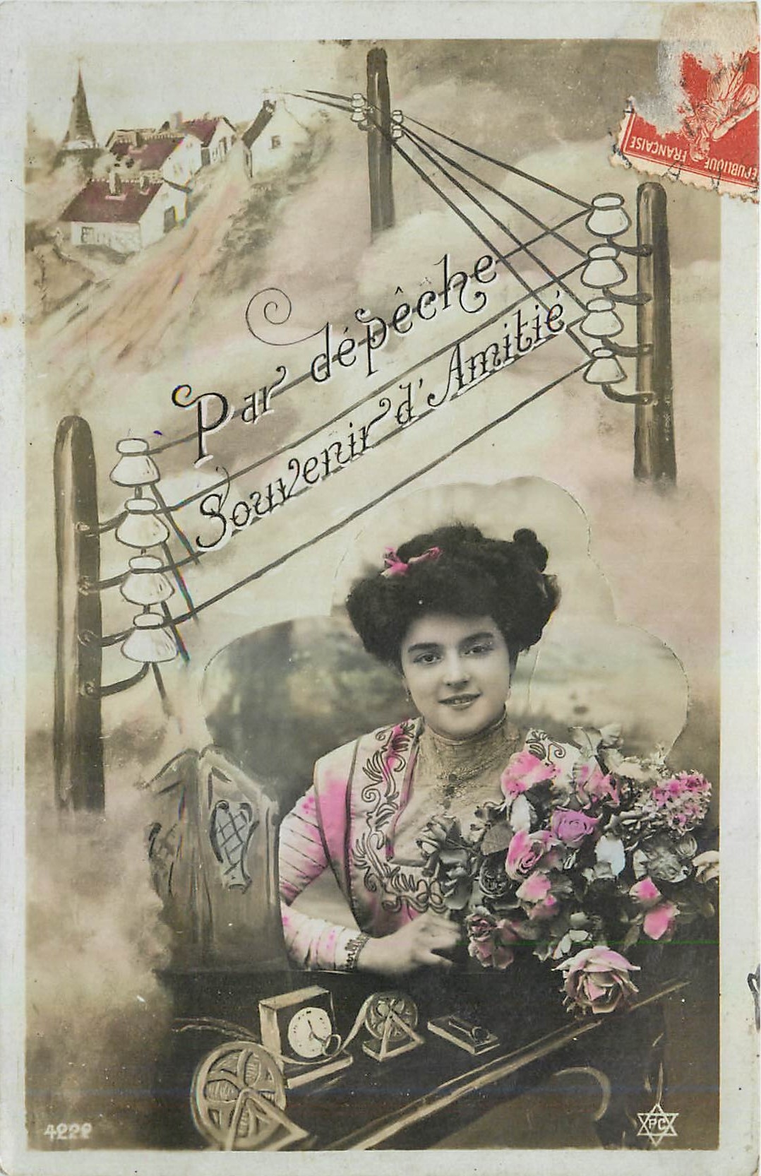 Frau mit Rosenstrauß — Per Telegramm der Freundschaft — Verlag CPAPHIL Nr. 4222