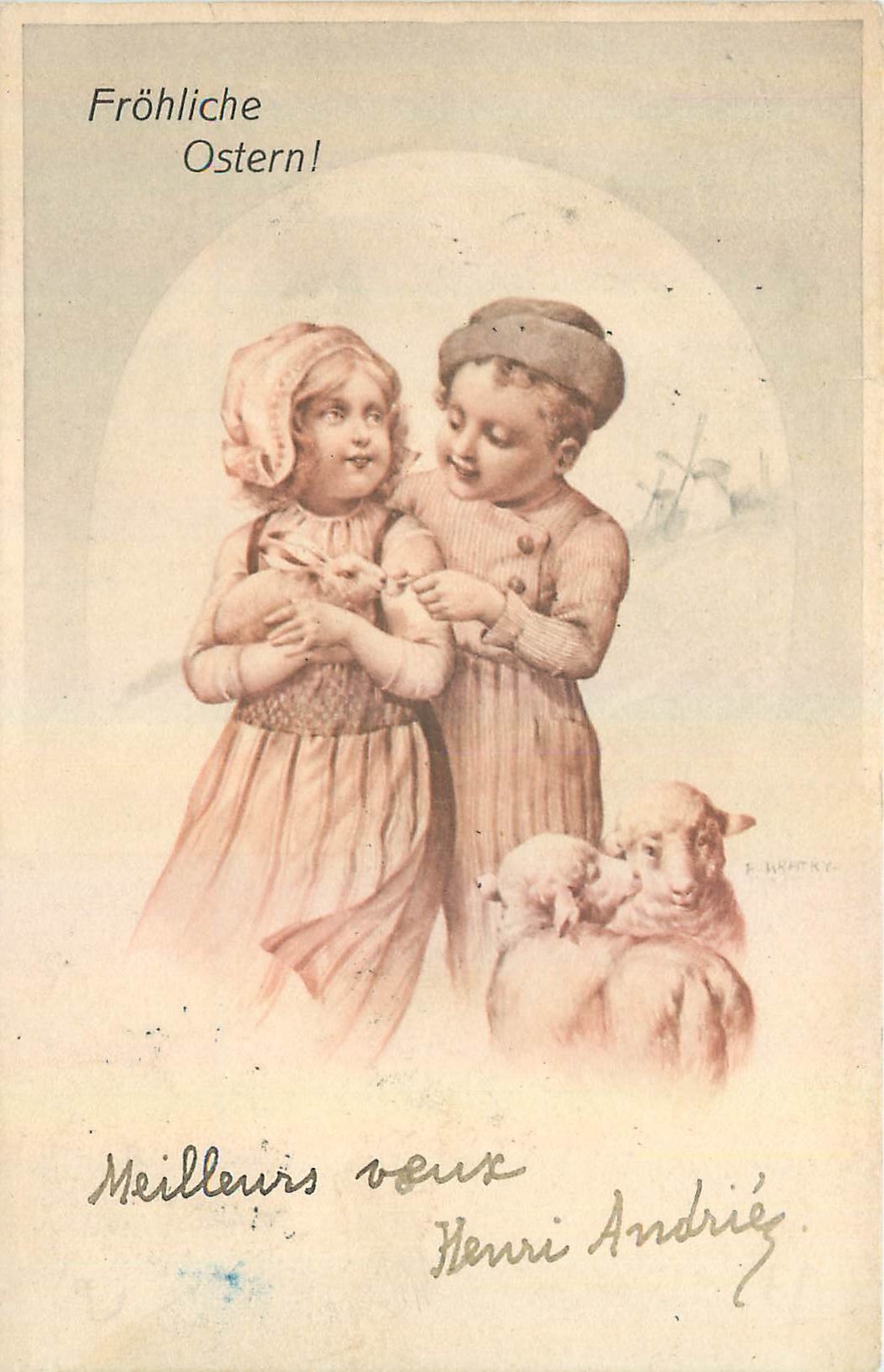 CPA Frohliche Ostern Enfants Agneaux