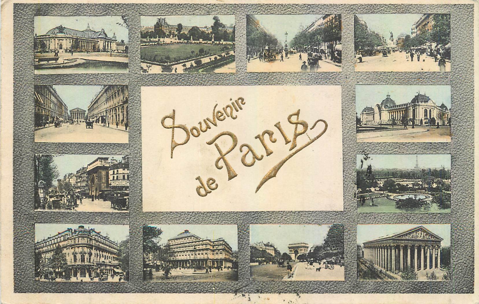 CPA Souvenir de Paris Grand Palais Madeleine Arc de Triomphe Tour Eiffel