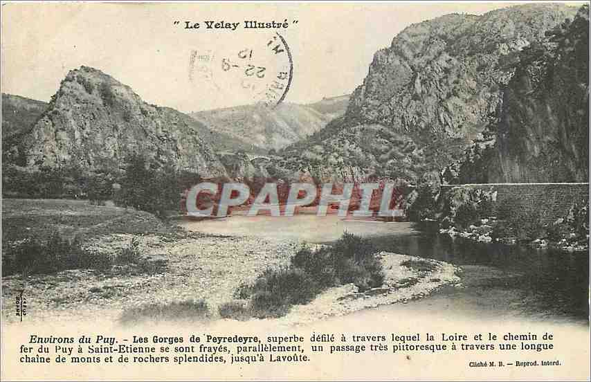 Environs du Puy — Les Gorges de Peyredre — éditeur Cliché M. B. — n° de série non visible