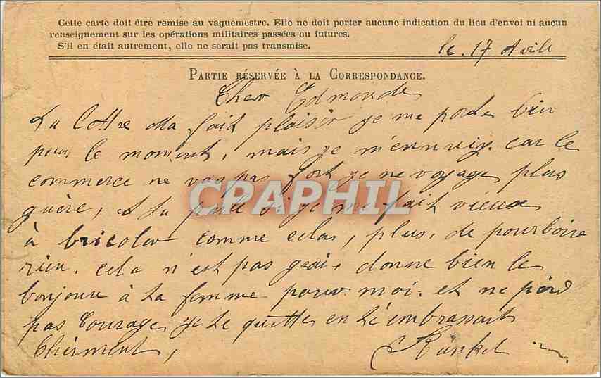 Carte de Franchise Militaire Correspondence Des Armees de la Republique Edmond Hunkel Bataillon de C — Rückseite