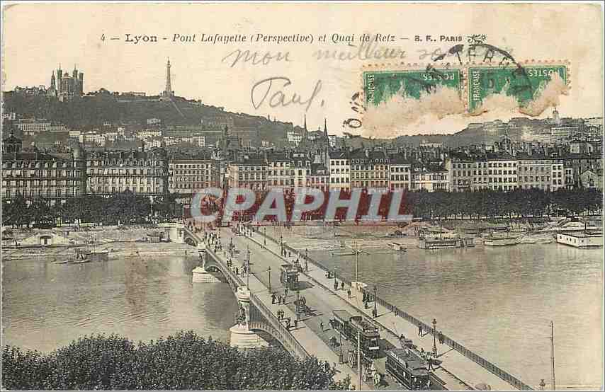 CPA Lyon Pont Lafayette Perspective et Quai de Retz Tramway