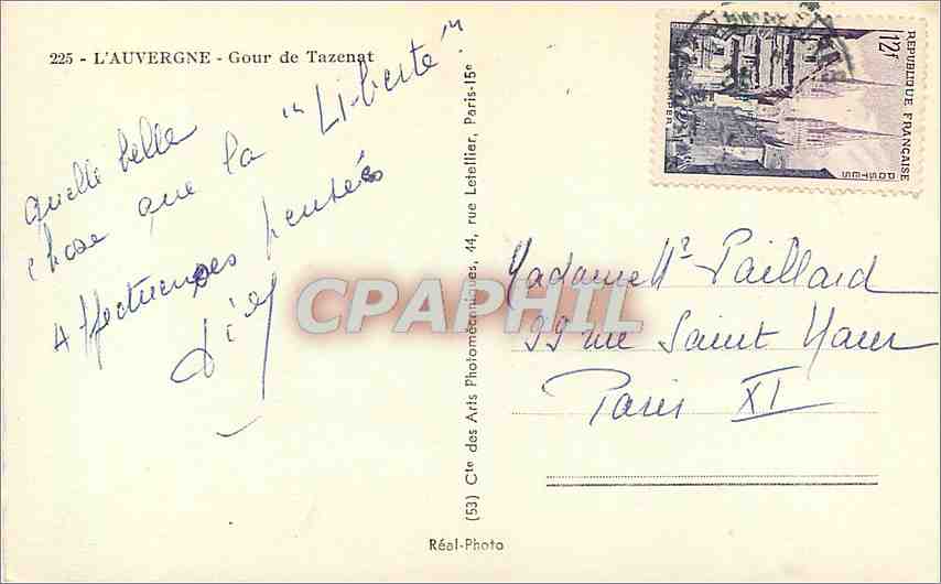 L'Auvergne - Gour de Tazenat — éditeur Réal-Photo, n°225 — Verso
