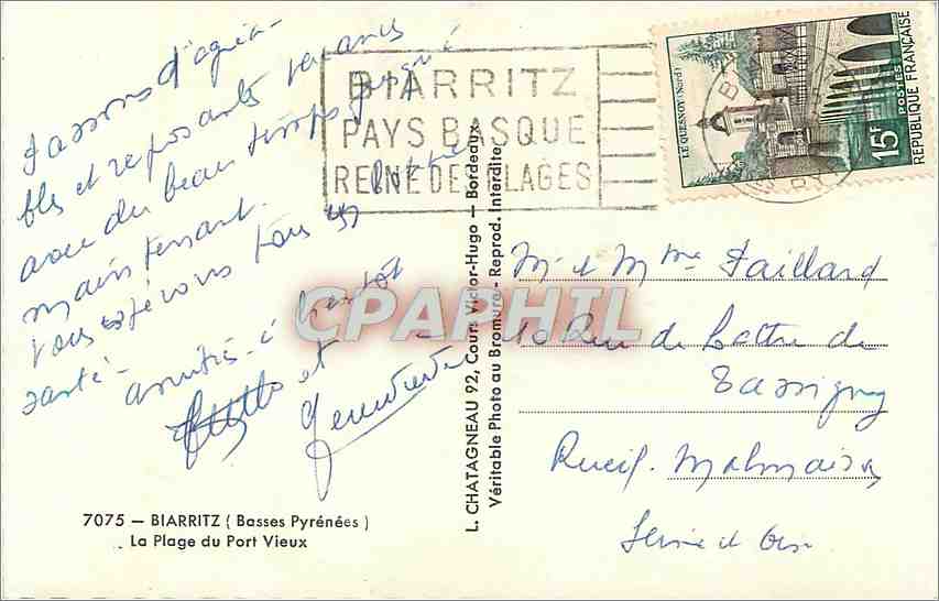 CPM Biarritz Basses Pyrenees La Plage du Port Vieux  — Verso