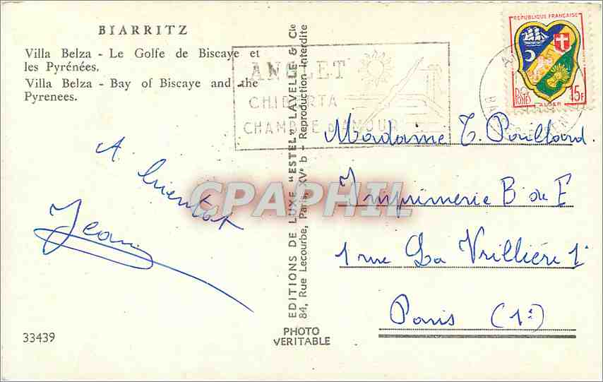 CPM Biarritz Villa Belza Le Golfe de Biscaye et les Pyrenees  — Verso