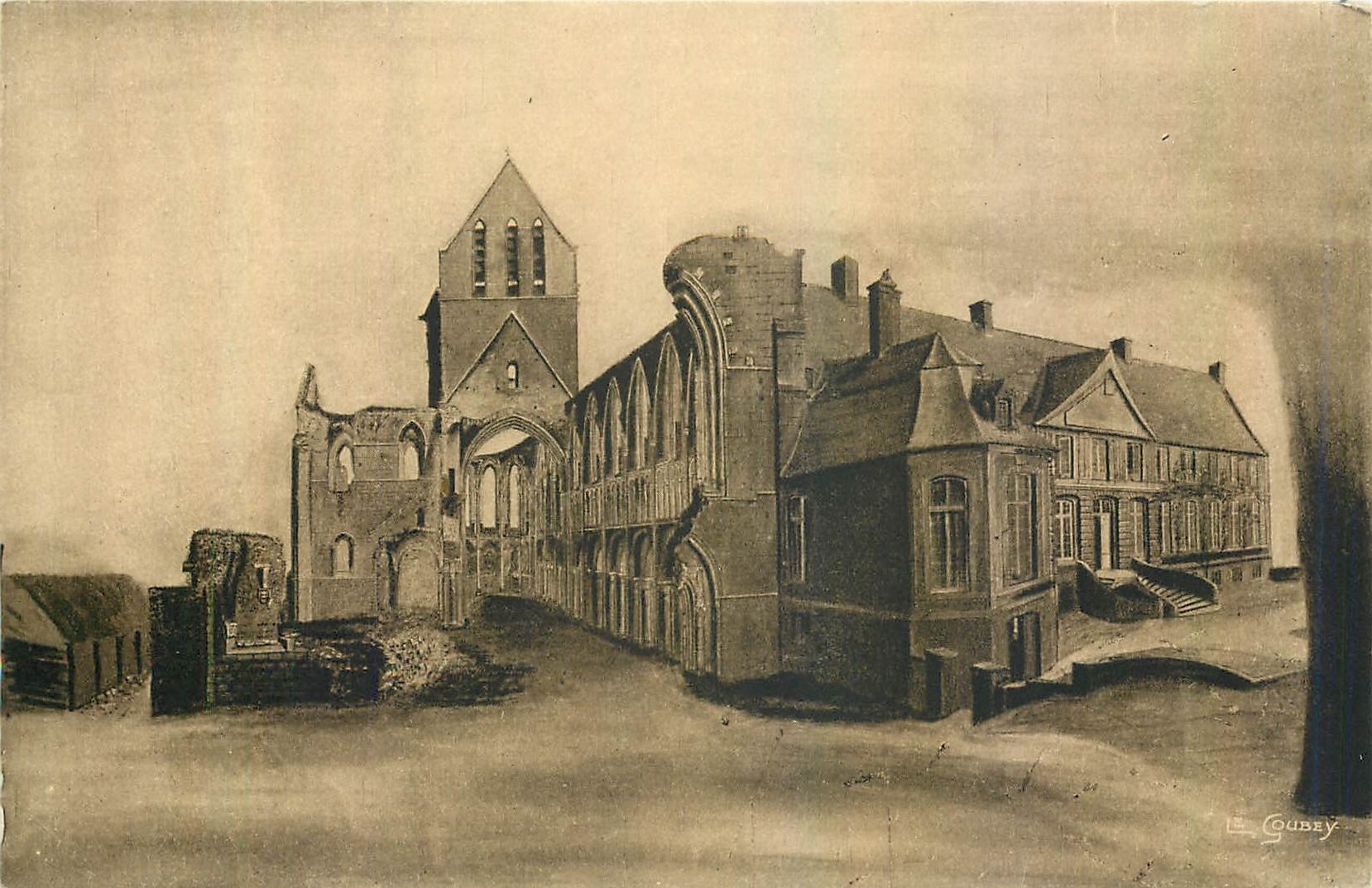 Abbaye de Saint-Sauveur-le-Vicomte (Manche) — Ruines de l'église en 1832 quand Sainte-Marie-Madeleine en prit possession — Éditeur : Le Gubey