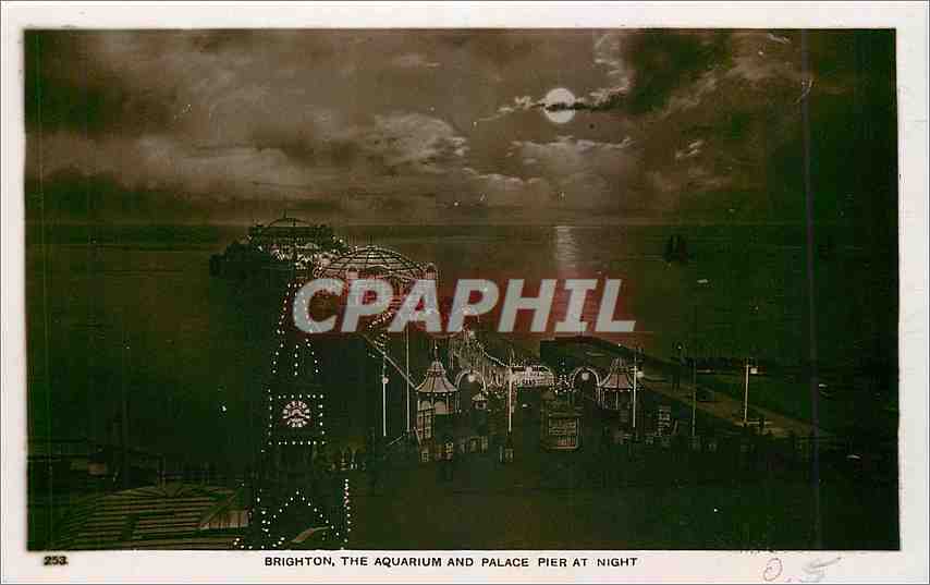 CPA Brighton The Aquarium and Palace Pier at night 