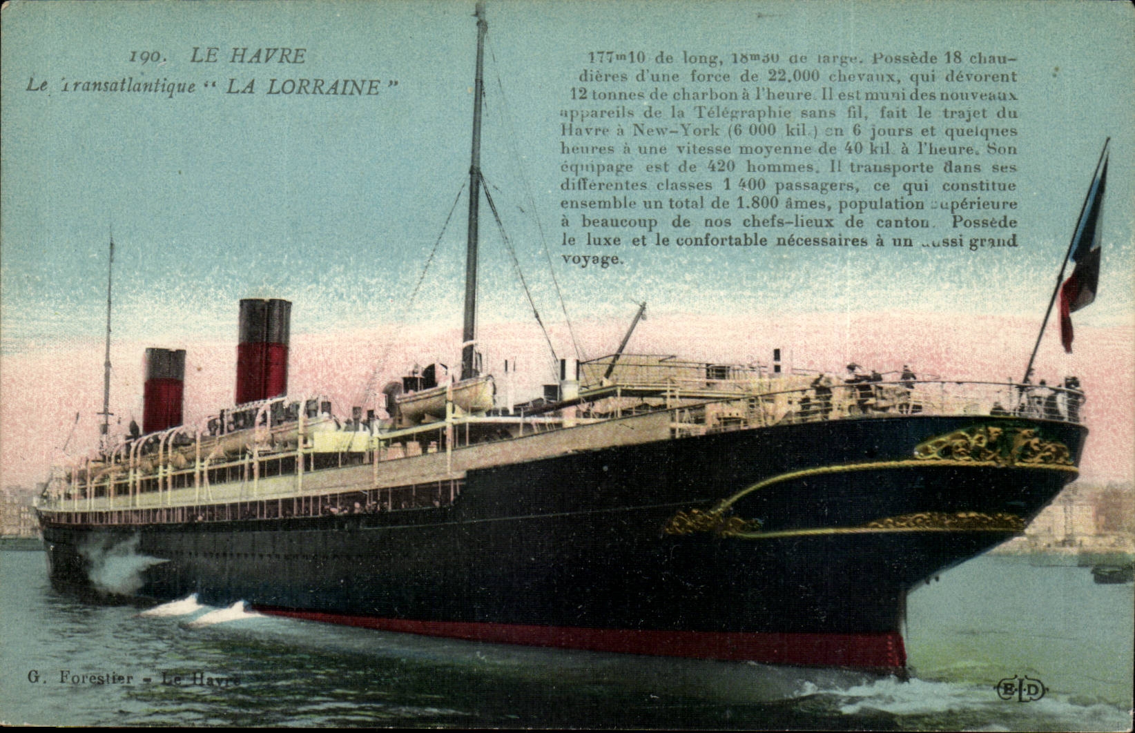 Steamer-Paquebot-Boat-Bateau- Le Havre'La Lorraine' 177m10 de long- Illustration -CPA