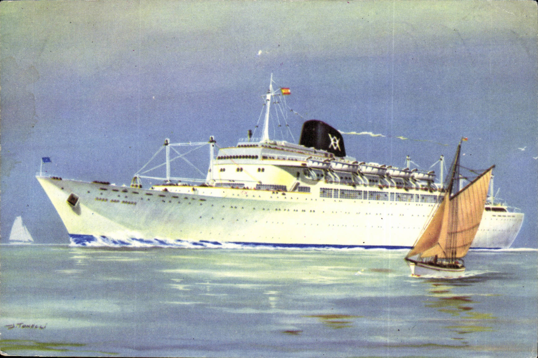 Steamer-Paquebot-Boat-Bateau- Sevilla-Cabo San Roque- Cabo San Vincente-Illustration -CPA