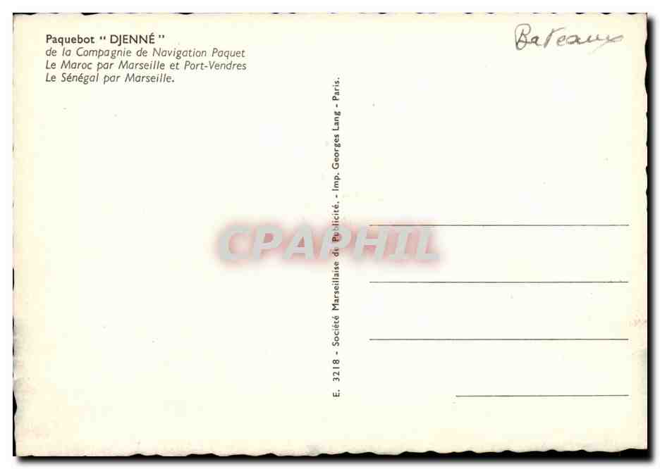 Paquebot "DJENNE" — Compagnie de Navigation Paquet — Imp. Georges Lang, Paris — Verso