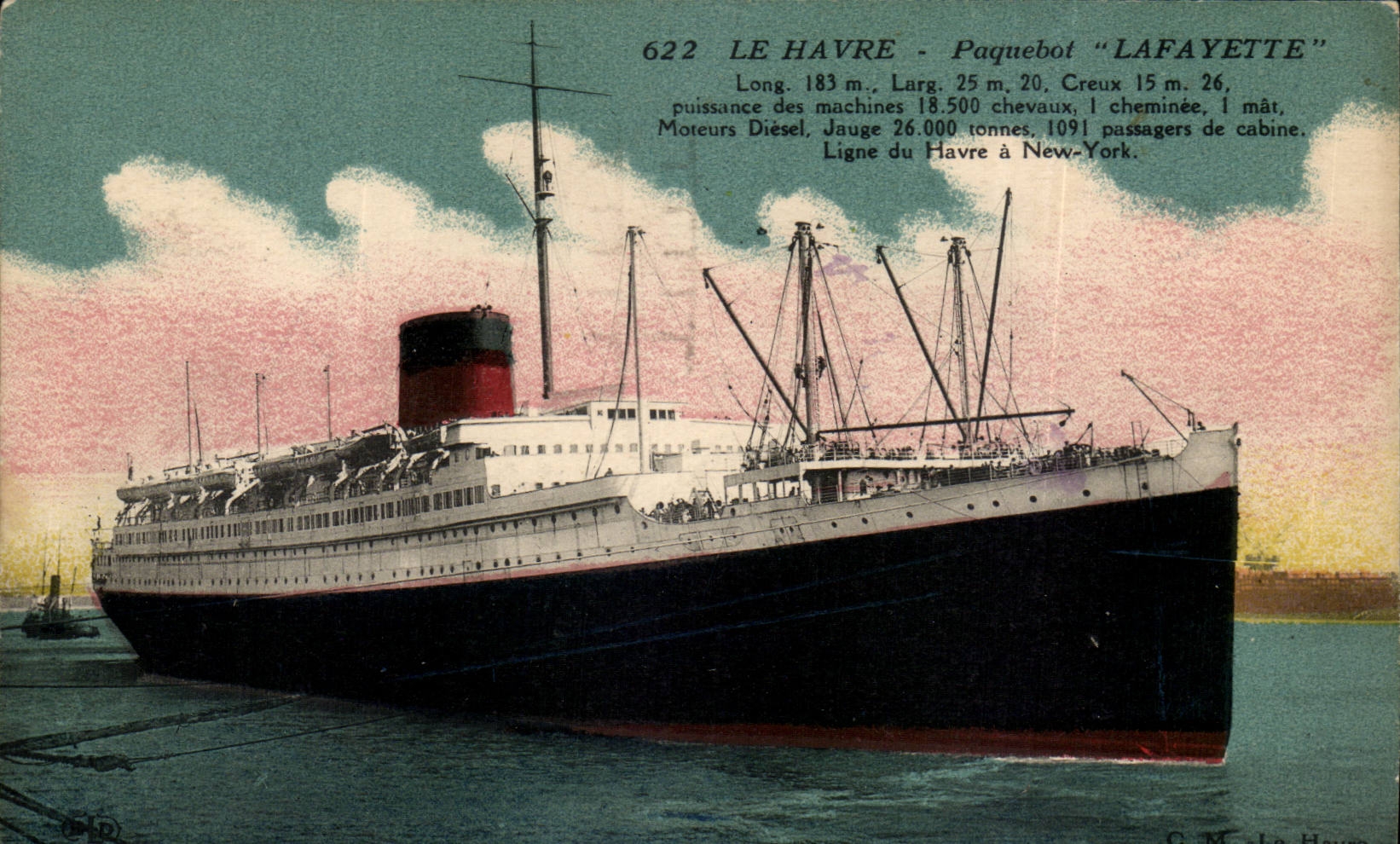 Steamer-Paquebot-Boat-Bateau- 'Lafayette' Long 183m Larg 25m 20 Creux 15m 26 puissance des machines 18500 cheveaux-CPA