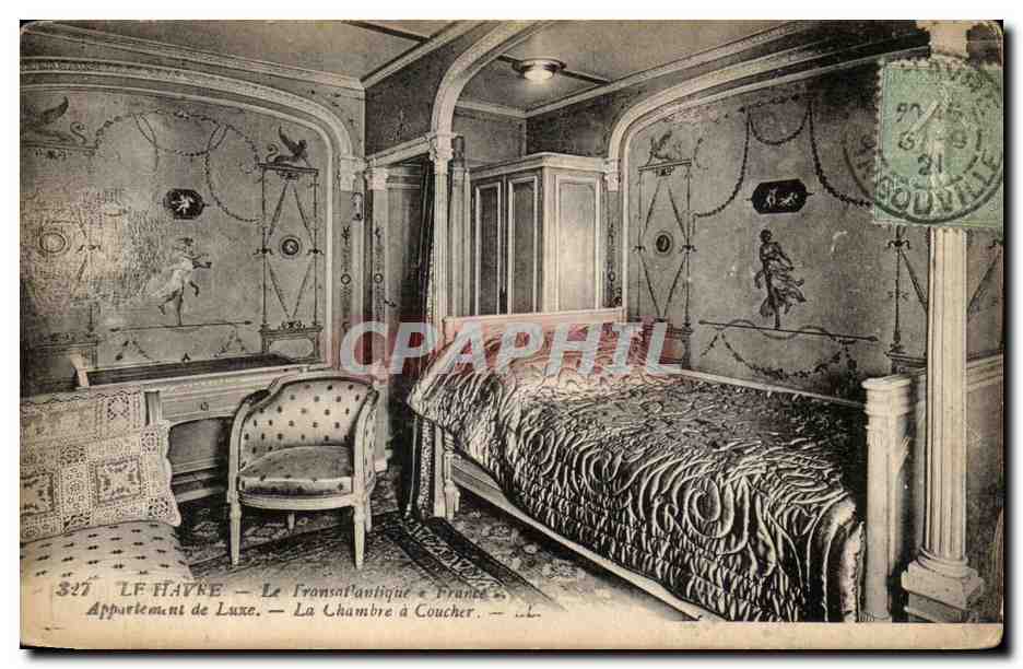 Steamer-Paquebot-Boat-Bateau- Le Transatlantique 'France' Appartement de luxe- la Chambre a Coucher -CPA