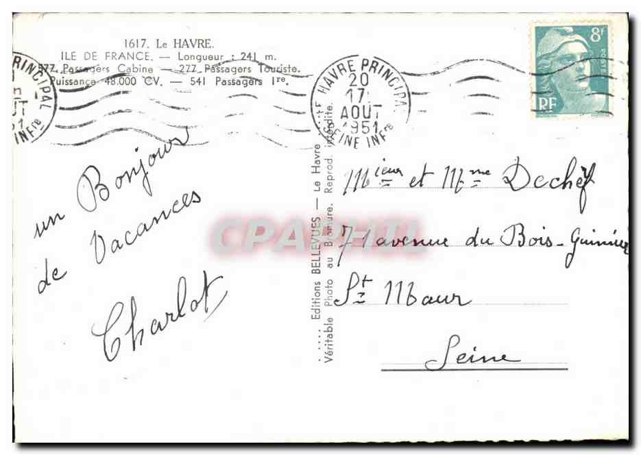 Steamer-Paquebot-Boat-Bateau- Le Havre 'Ile-de-France'- Longueur 241m Puissance 48 000 CV -CPA — Back