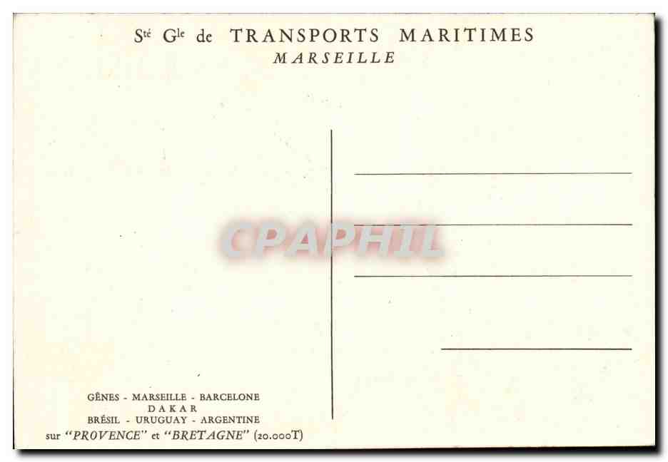 Steamer-Paquebot-Boat-Bateau- Ste Gle de Transports Maritimes- Marseilles-Illustration -CPA — Back