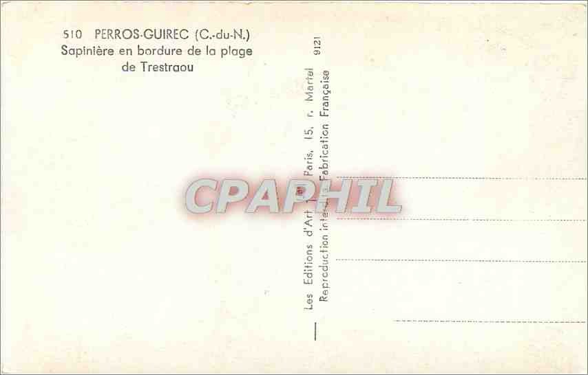 CPA Perros Guirec C du N Sapiniere en bordure de la plage de Trestraou  — Verso