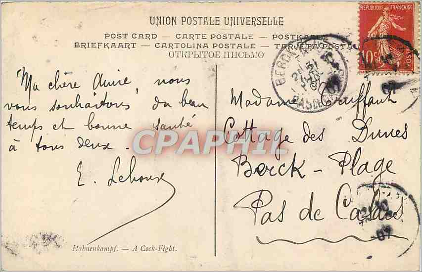 CPA Musee du Luxembourg Gerome Leon Combat de Coqs  — Verso