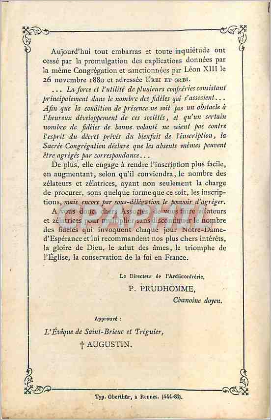 Image Souvenir de ND d'Esperance de St Brieuc  — Verso