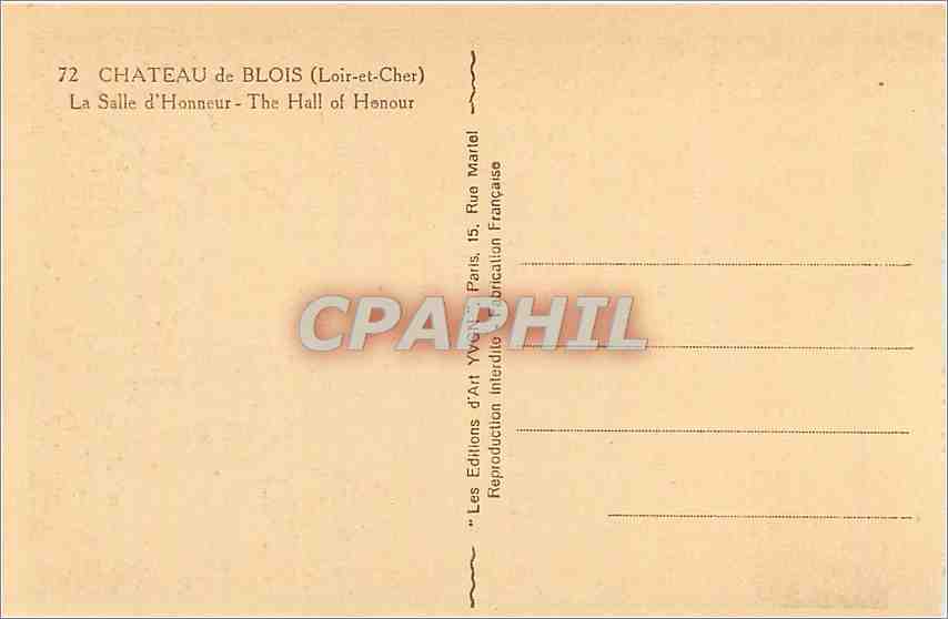 CPA Chateau de Blois Loir et Cher La Salle d'Honneur  — Verso