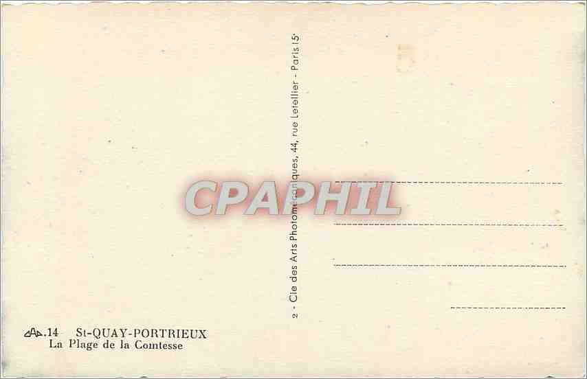 St-Quay-Portrieux — La Plage de la Comtesse — Cie des Arts Photographiques, 44, rue Latellier, Paris — Verso