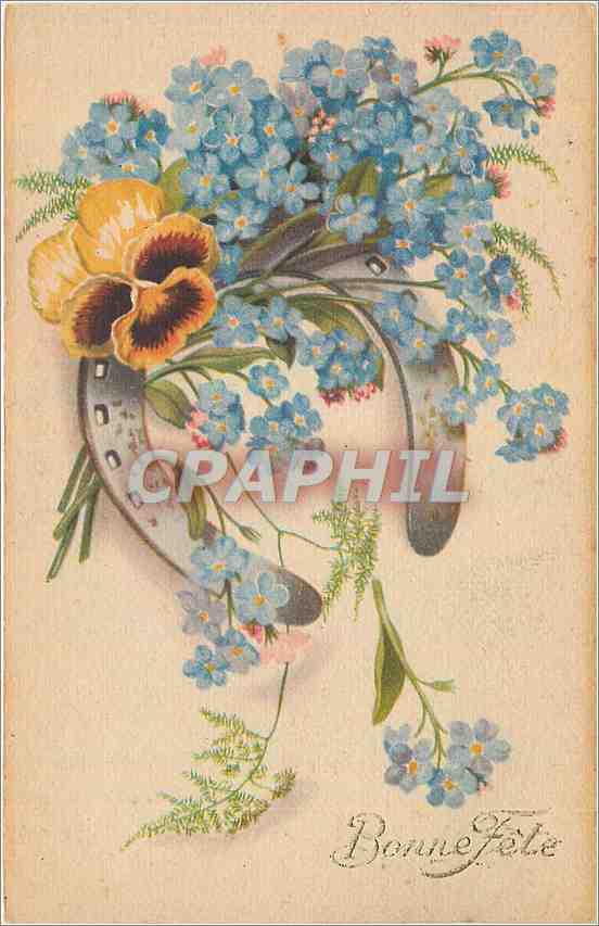 CPA Bonne Fete Fer a cheval Fleurs