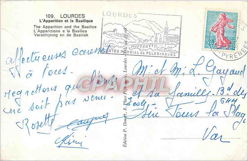 CPA Lourdes L'Apparition et la Basilique  — Verso