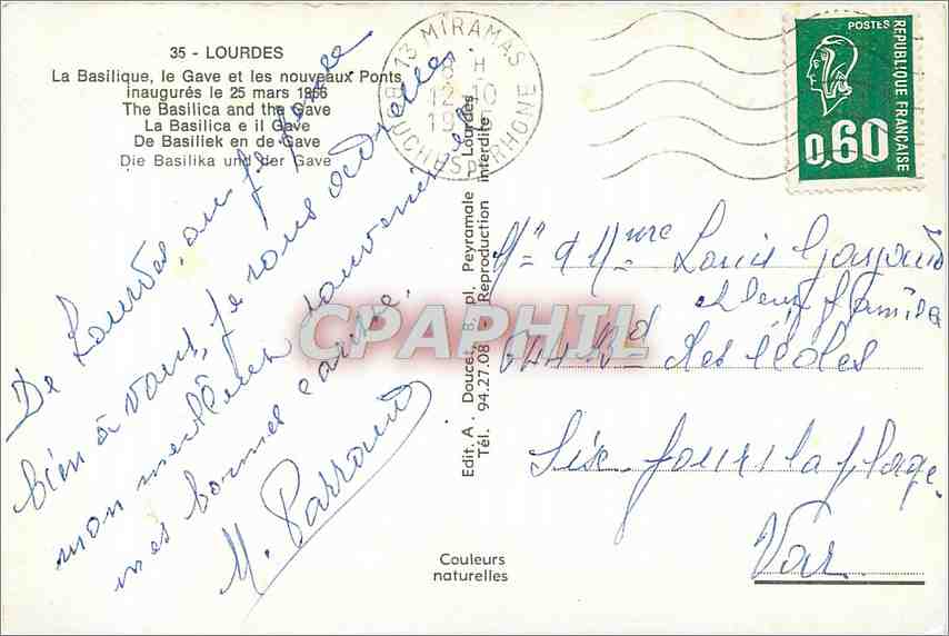 Lourdes — La Basilique, le Gave et les nouveaux ponts — Edit. A. Doucet, B. pl. Peyramale — Rückseite