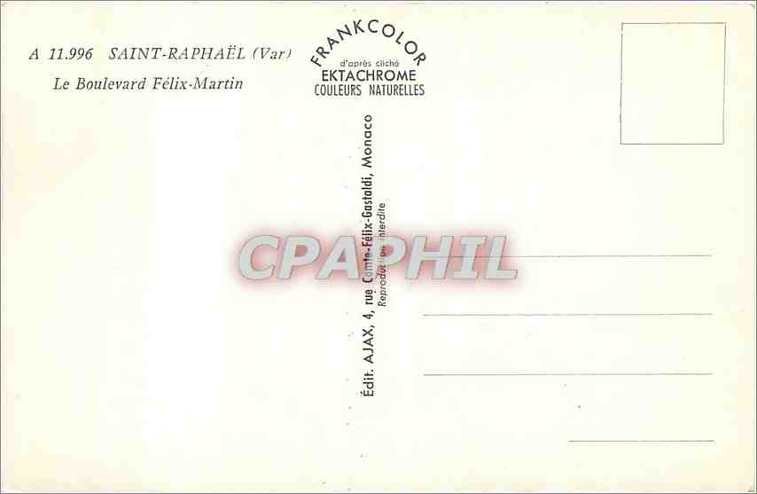 CPM Saint Raphael Var Le Boulevard Felix Martin  — Rückseite