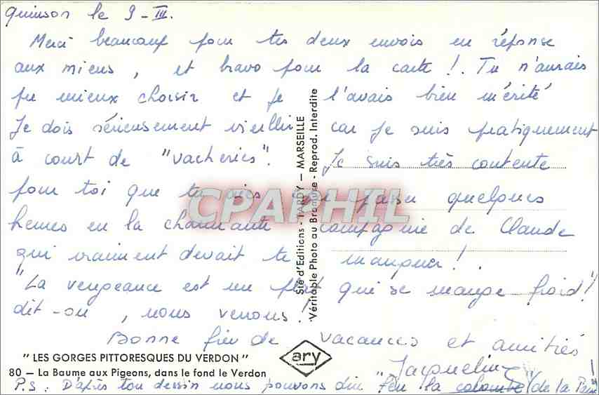 CPM La Baume aux Pigeons dans le fond le Verdon  — Verso
