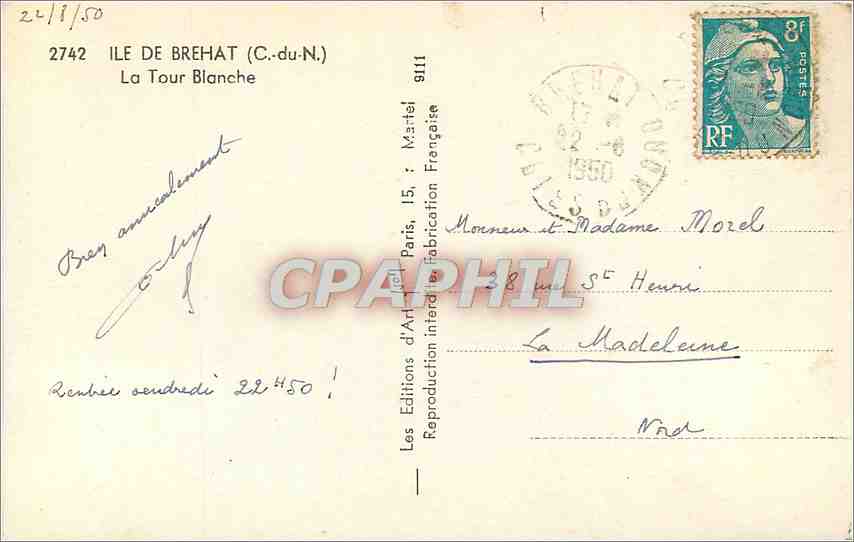 CPM Ile de Brehat C du N La Tour Blanche  — Verso