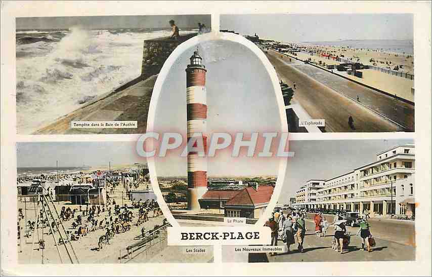 Berck-Plage — Vue panoramique avec phare, plage et nouvelles immeubles — Éditeur Artaud fils, Nantes