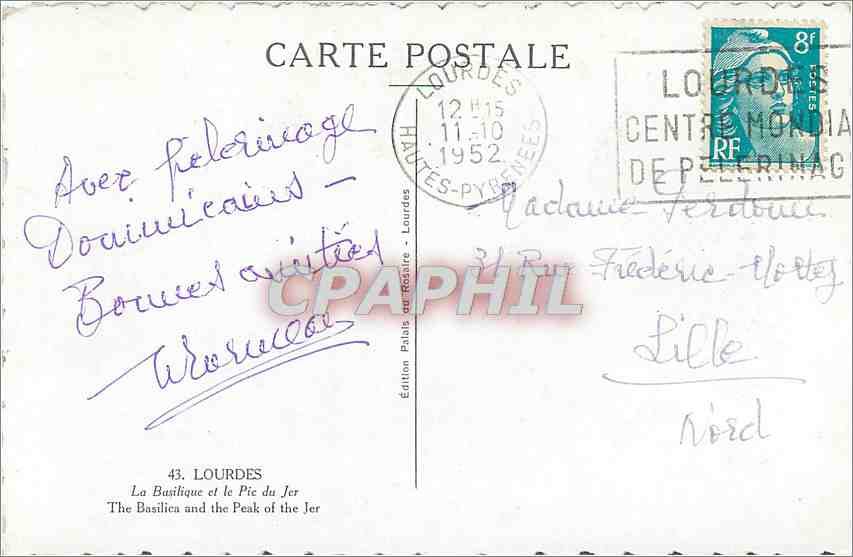 CPM Lourdes La Basilique et le Pic du Jer  — Verso