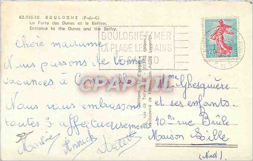 Die Tore der Dünen und der Glockenturm — Boulogne-sur-Mer — Eine Storch — Rückseite