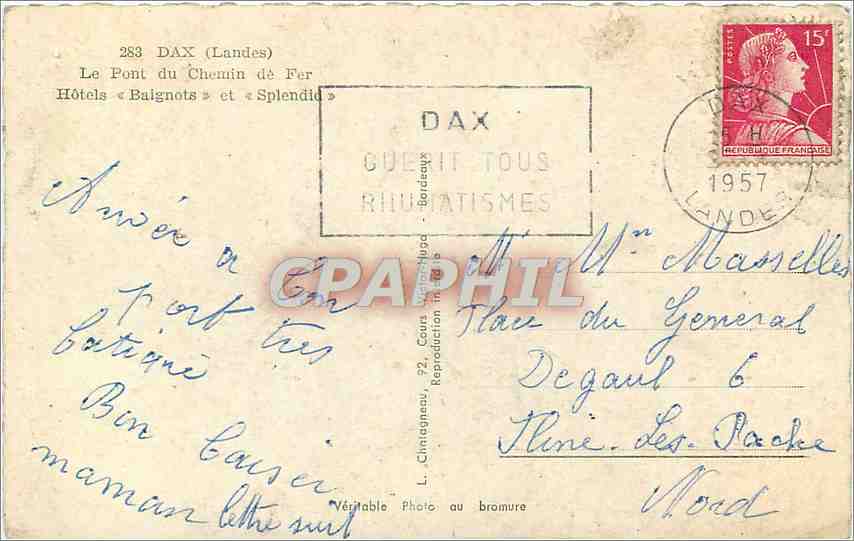CPM Dax Landes Le Pont du Chemin de Fer Hotels Baignots et Splendid — Rückseite