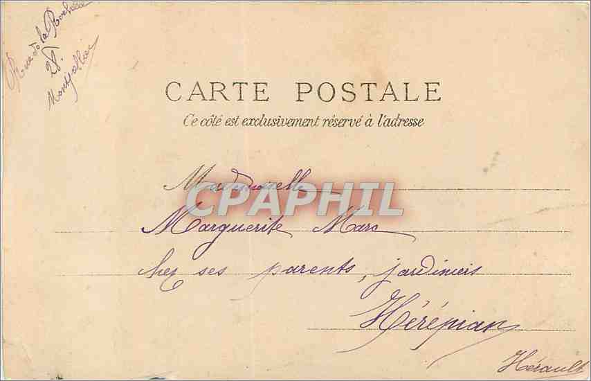 Zwei Personen in historischem Kleid — Montpellier — unbekannter Verlag, Seriennummer nicht sichtbar — Rückseite