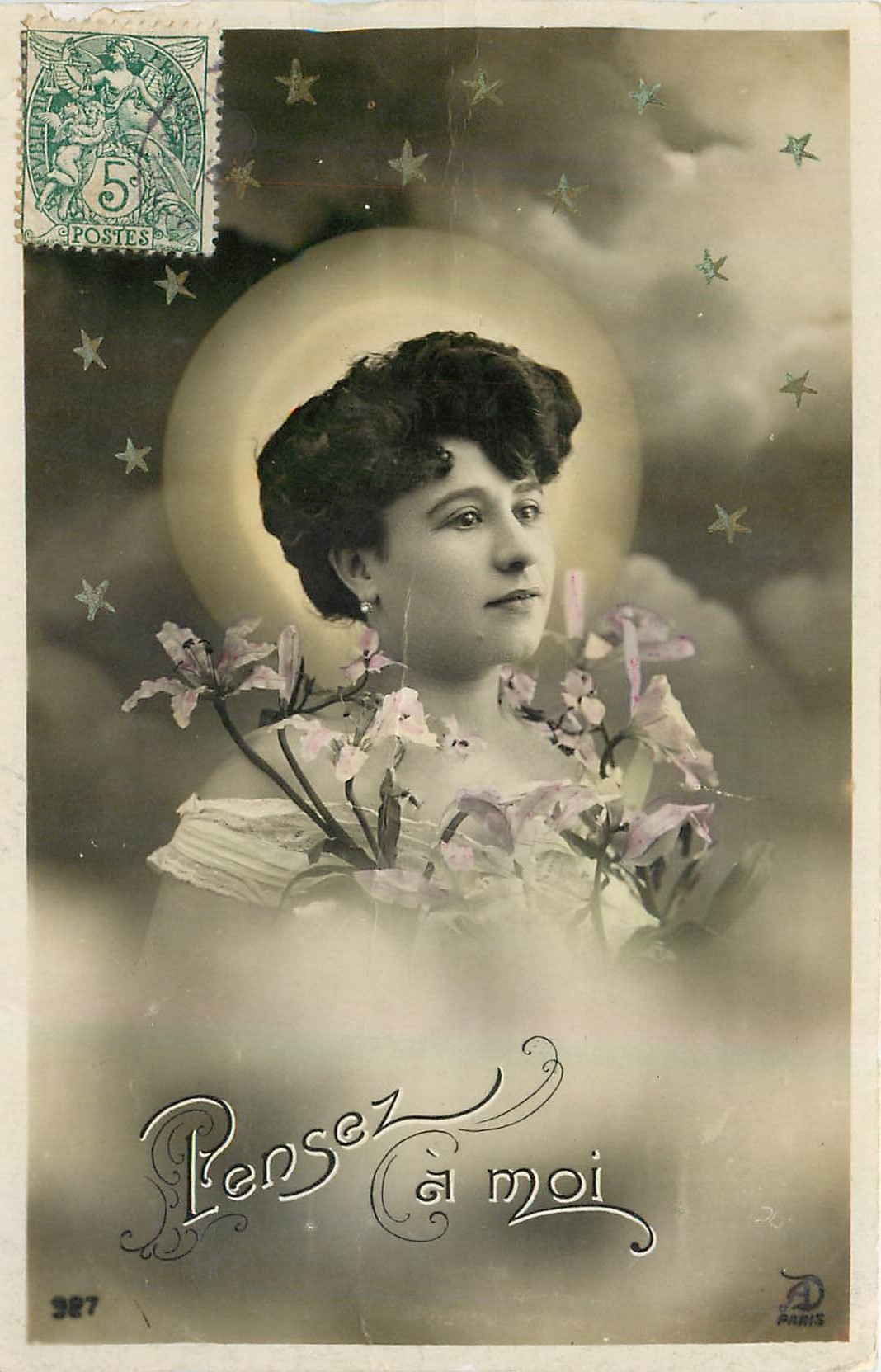 Femme avec lys — 'Pensez à moi' — D. Paris, n° 387