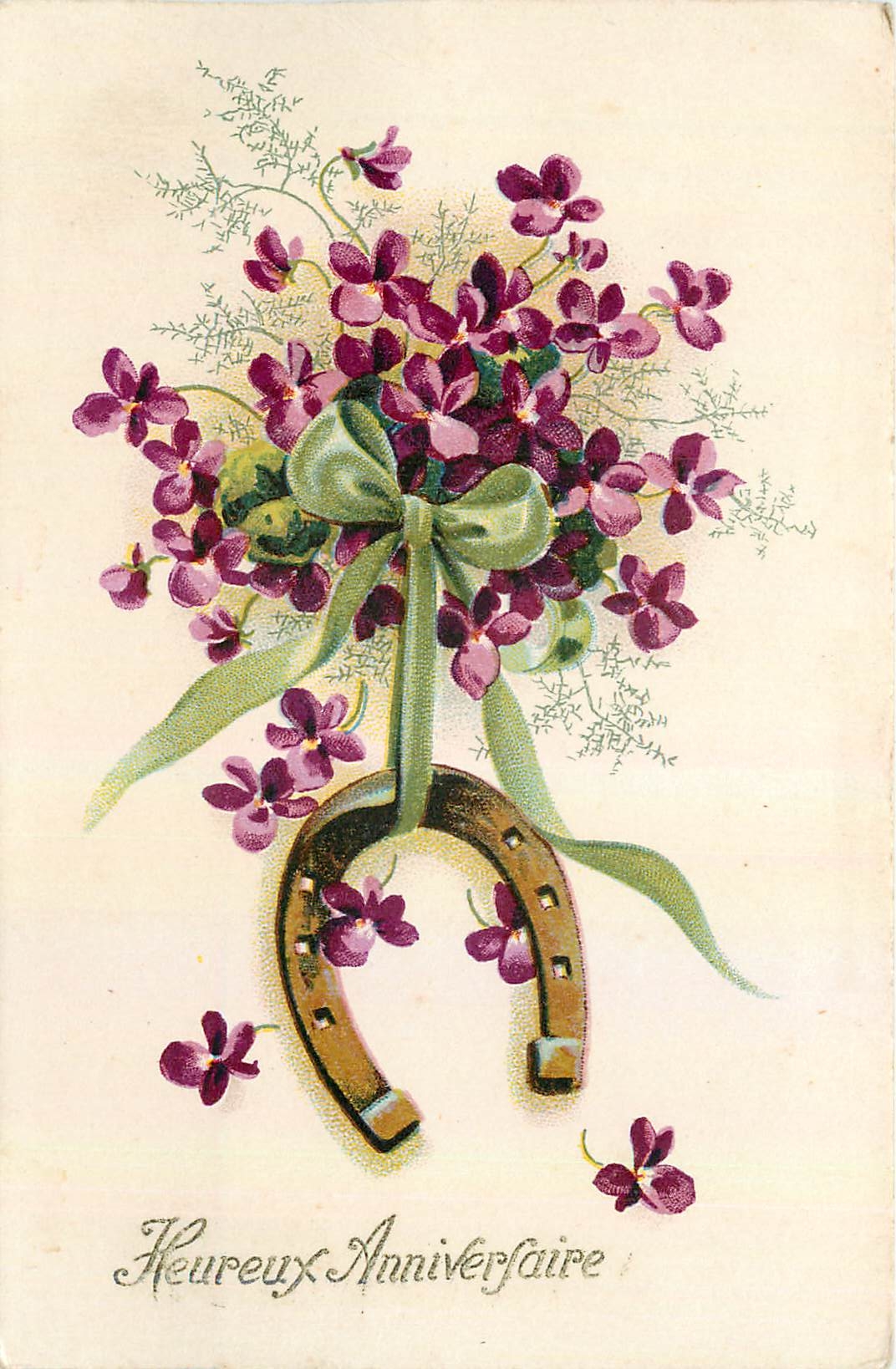 CPA Heureux Anniversaire Fleurs Fer a cheval
