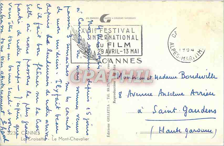 CPM Cannes La Croisette Le Mont Chevalier  — Rückseite