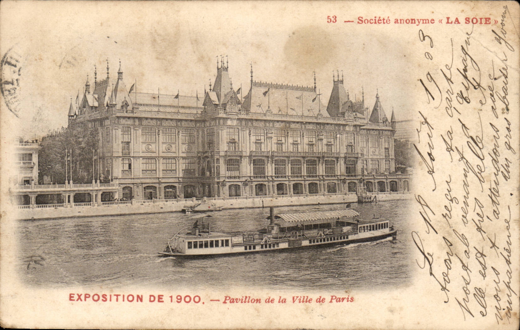 Pavillon de la Ville de Paris — Exposition de 1900 — Société anonyme « LA SOIE » — n° 53