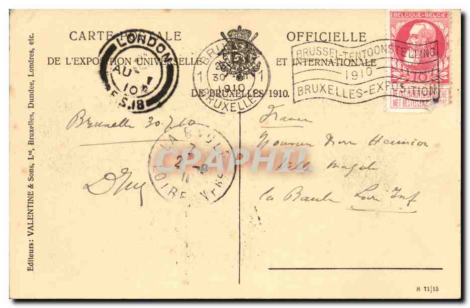Exposition de Bruxelles 1910 — Pavillon Néerlandais — Éditeurs : Valentiné & Sons, n° 1105 — Verso
