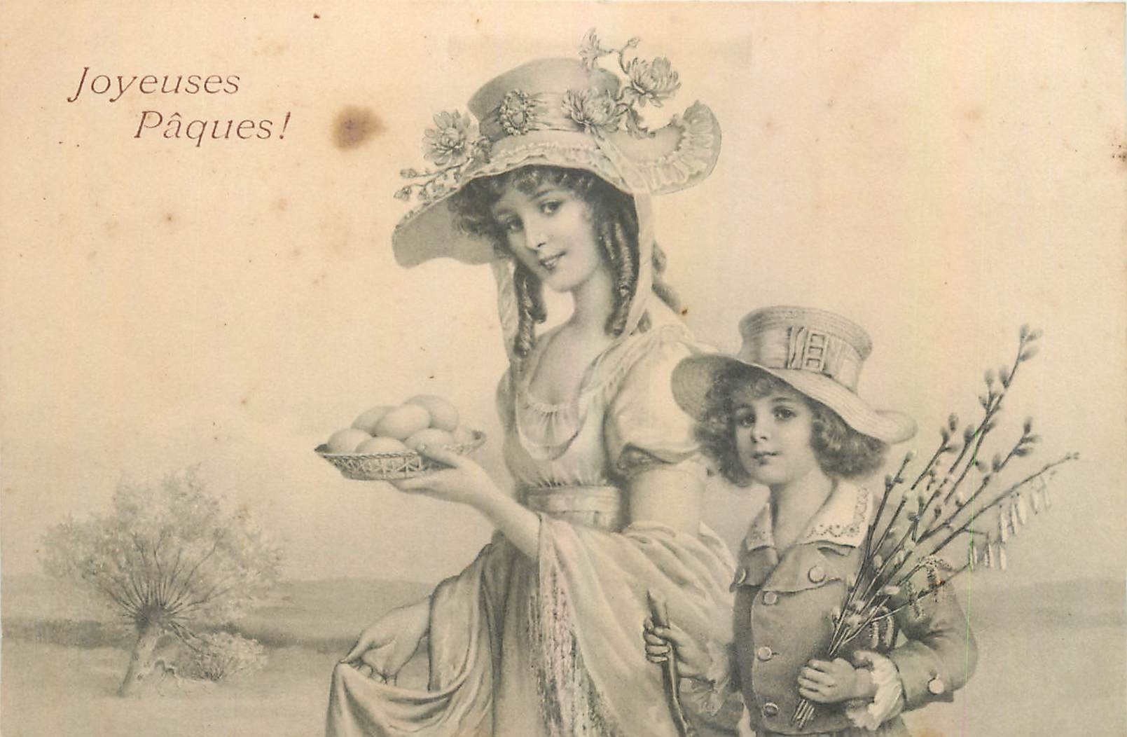 Femme et enfant avec œufs et branches de saule — Joyeuses Pâques! — Lévelezó-Lap, N° 212