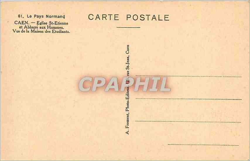 CPA Caen Eglise St Etienne et Abbaye aux Hommes Vus de la Maison des Etudiants  — Verso