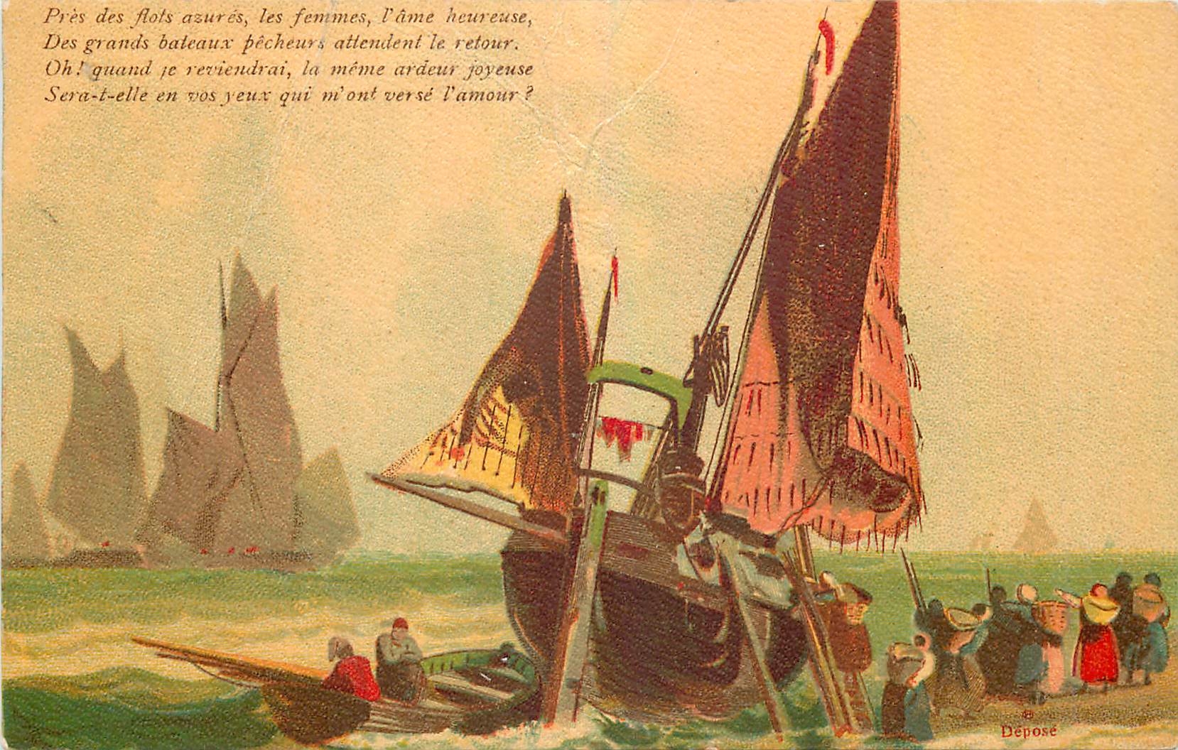 CPA Pres des flots asures les femmes l'ame heureuse Bateau