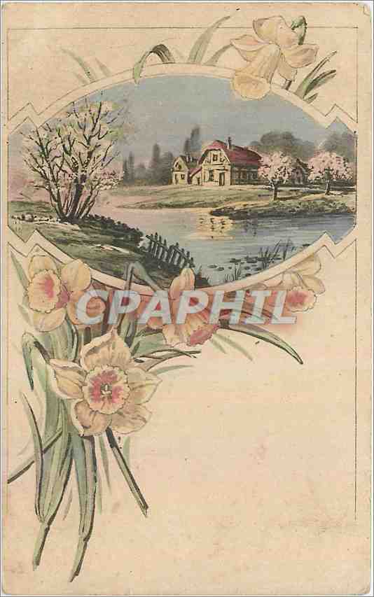 Château au bord d'un lac — décor de narcisses — Éditions Paris n°5 - Recto