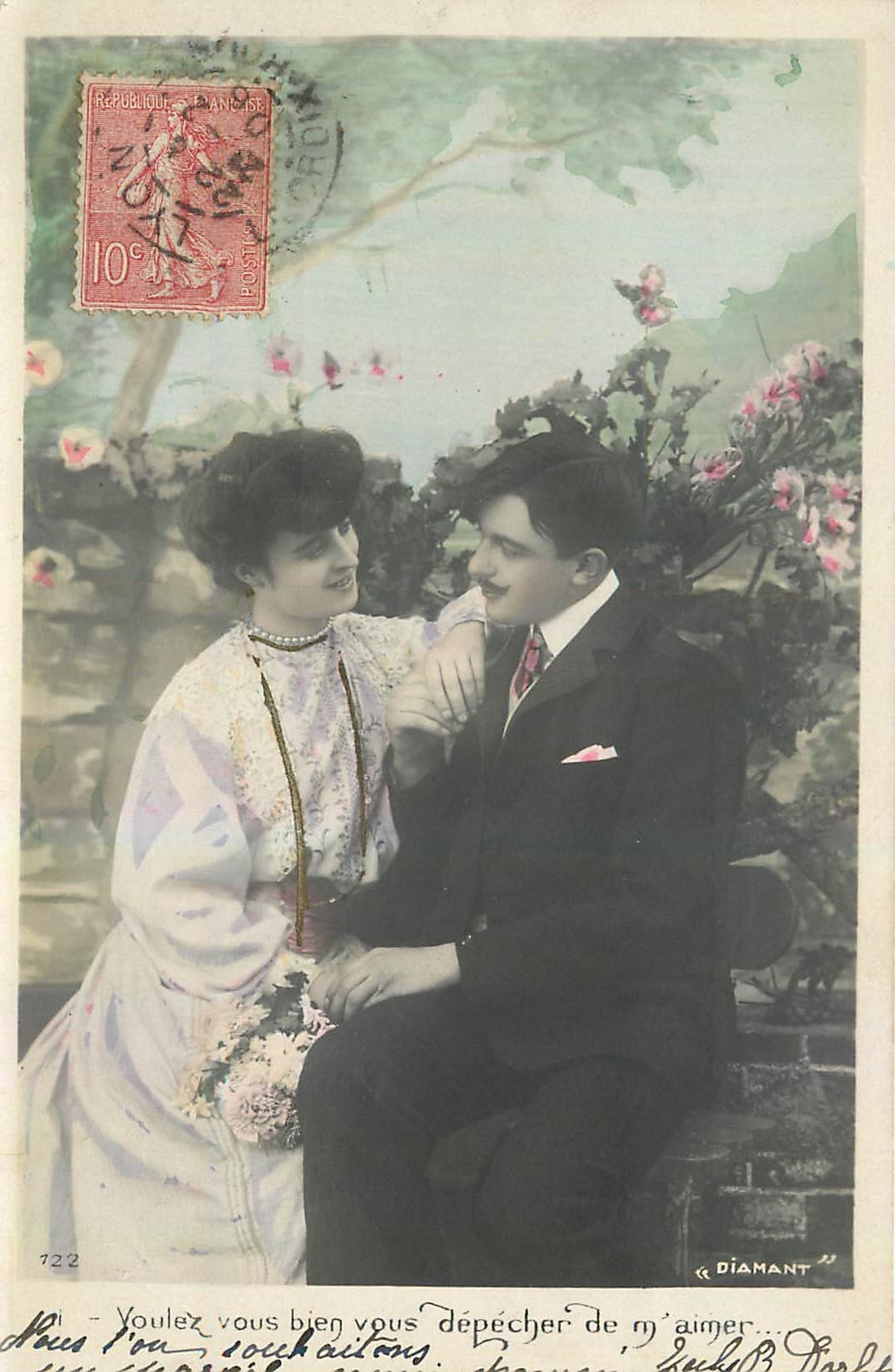 Couple amoureux — scène de jardin — éditeur Diamant, n° 722