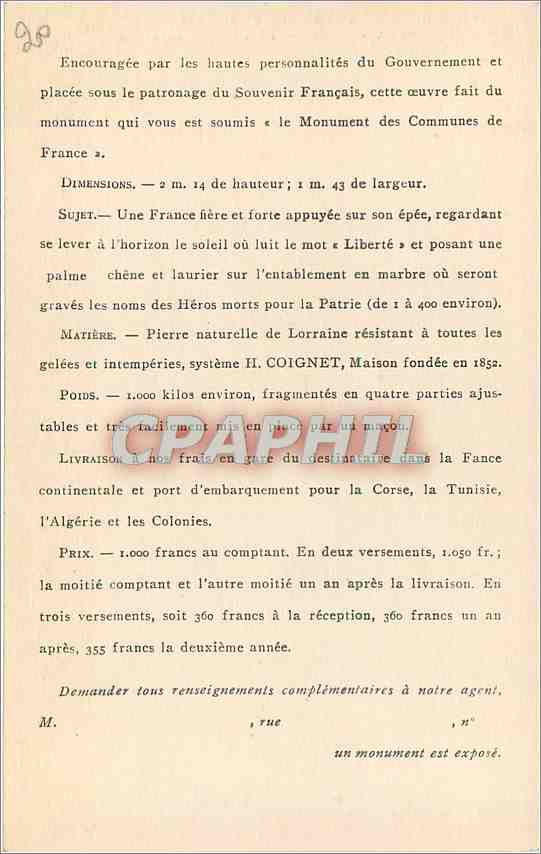 CPA Souvenir Francais Ceuvre du Monument des Communes de France  — Rückseite