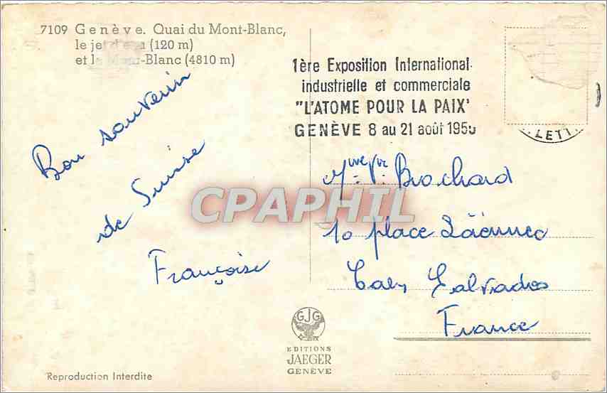 CPM Geneve Quai du Mont Blanc et le jet d'eau et le Mont Blanc — Verso