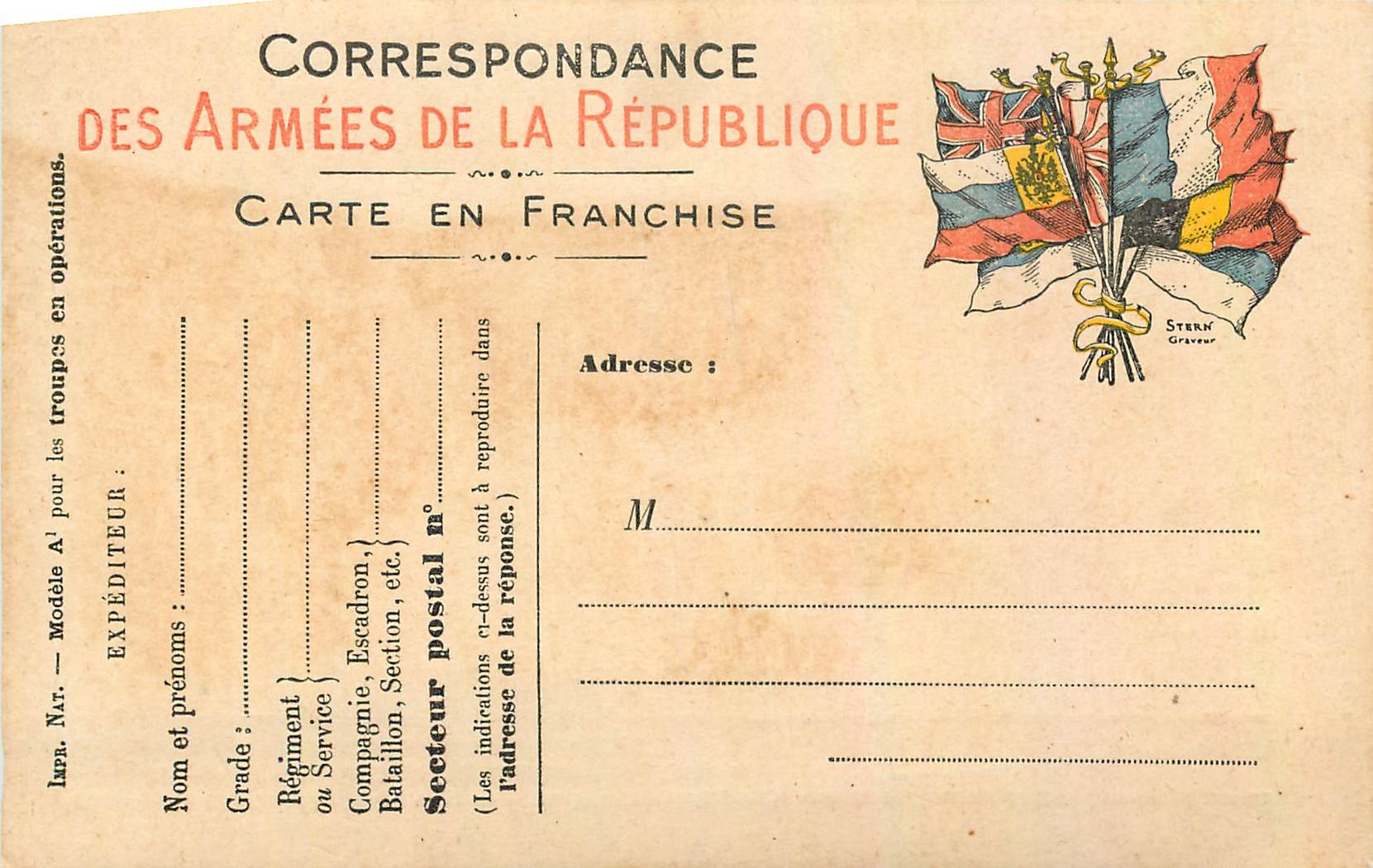 Carte de Franchise Militaire Correspondence Des Armees de la Republique 