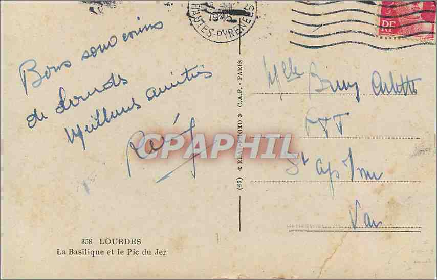 CPM Lourdes La Basilique et le Pic du Jer  — Verso